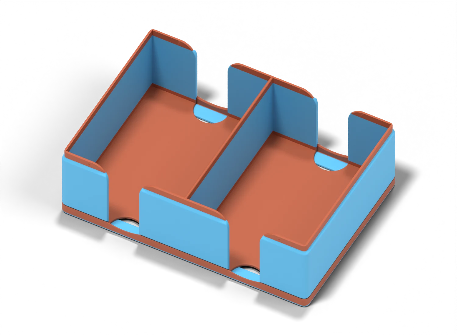 An open card tray with two square bays and thumb cuts